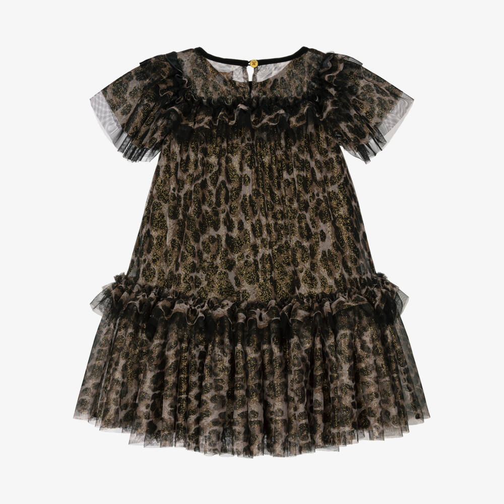 Angel's Face-Girls Leopard Print & Gold Glitter Tulle Dress | Childrensalon