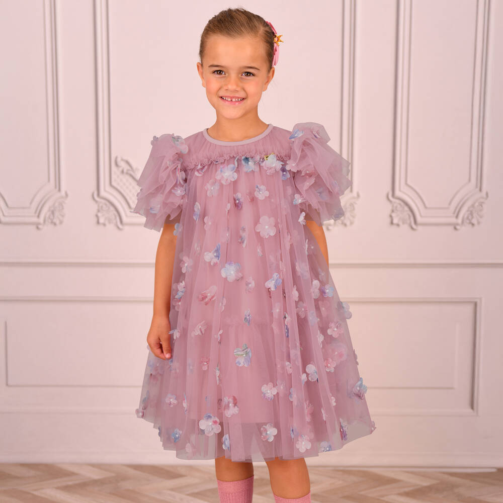 Angel's Face-فستان تول مزين بالورود لون زهري ليلاك | Childrensalon