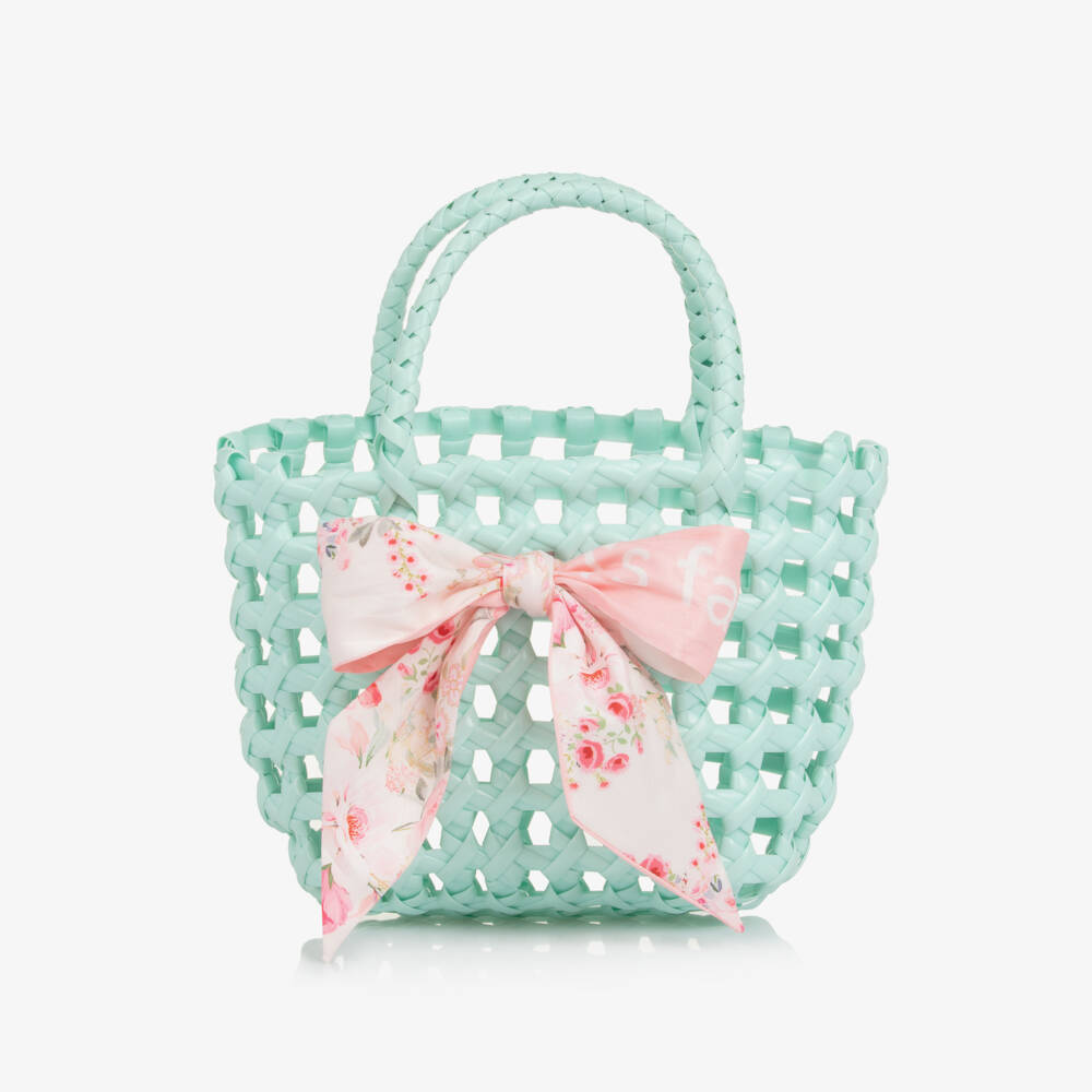 Angel's Face-Girls Mint Green Basket Bag with Floral Bow (19cm) | Childrensalon