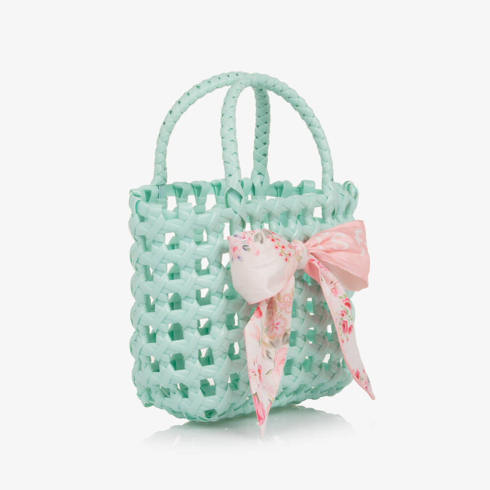Angel's Face-Girls Mint Green Basket Bag with Floral Bow (19cm) | Childrensalon