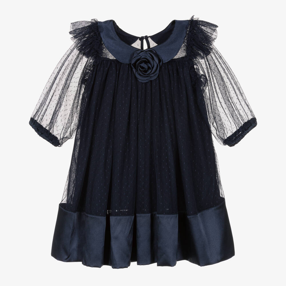 Angel's Face - Girls Navy Blue Spotted Tulle Dress | Childrensalon
