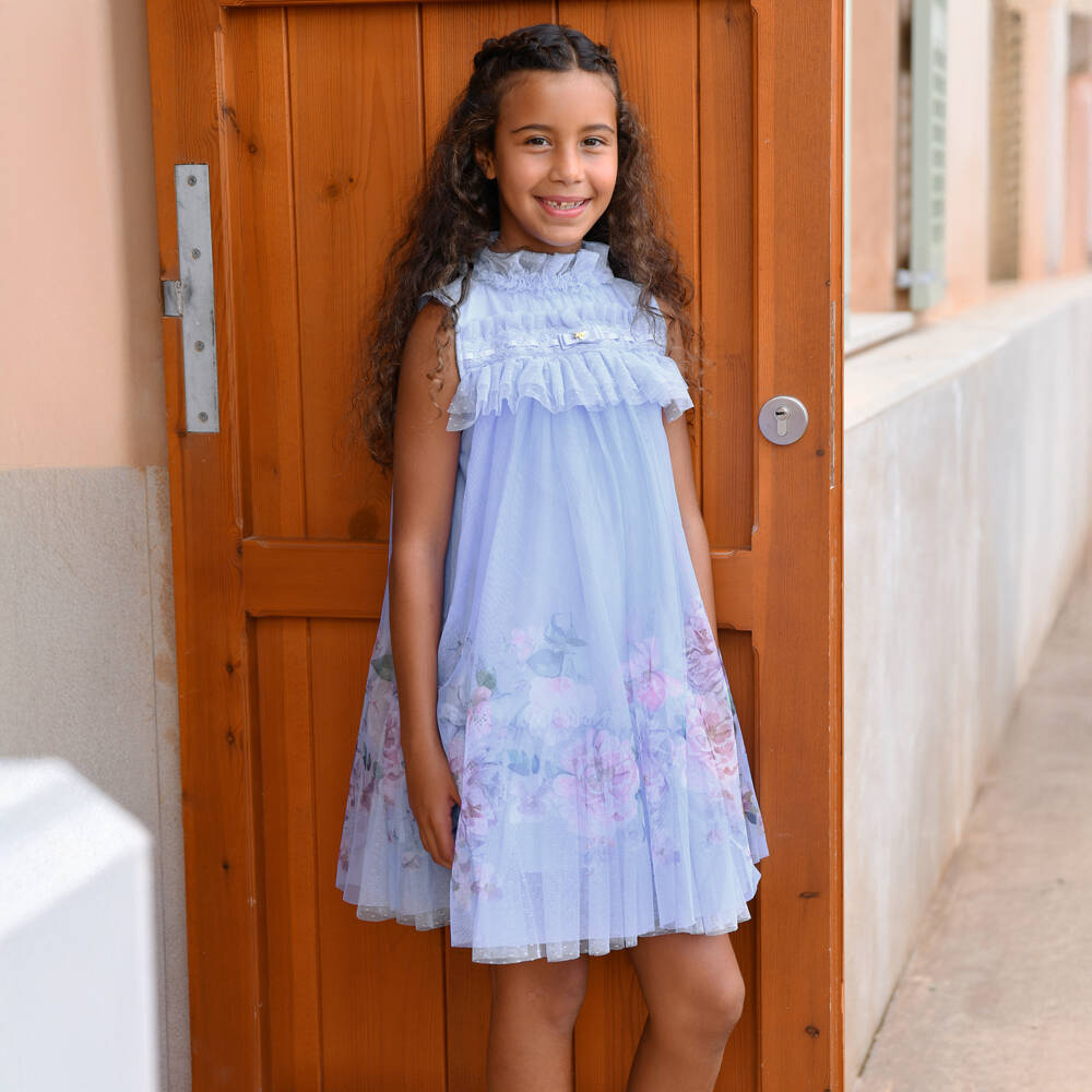 Angel's Face-Girls Pale Blue Floral Tulle Dress with Lace Trim | Childrensalon