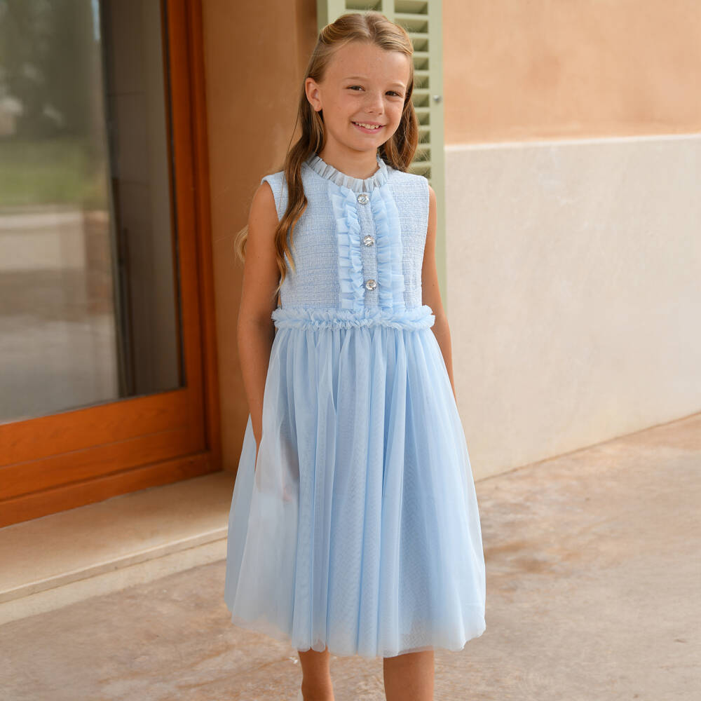 Angel's Face-Girls Pale Blue Tweed & Tulle Dress | Childrensalon