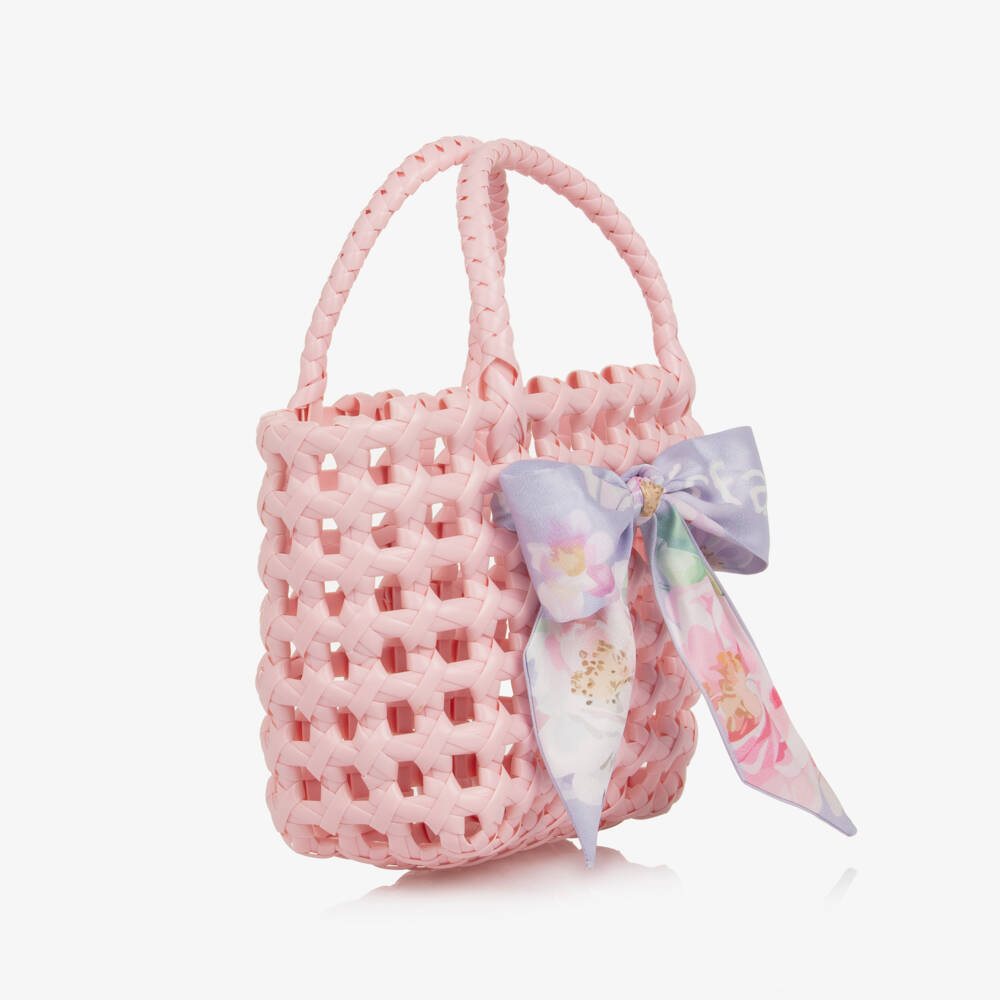 Angel's Face-Girls Pale Pink Basket Bag with Floral Bow (19cm) | Childrensalon