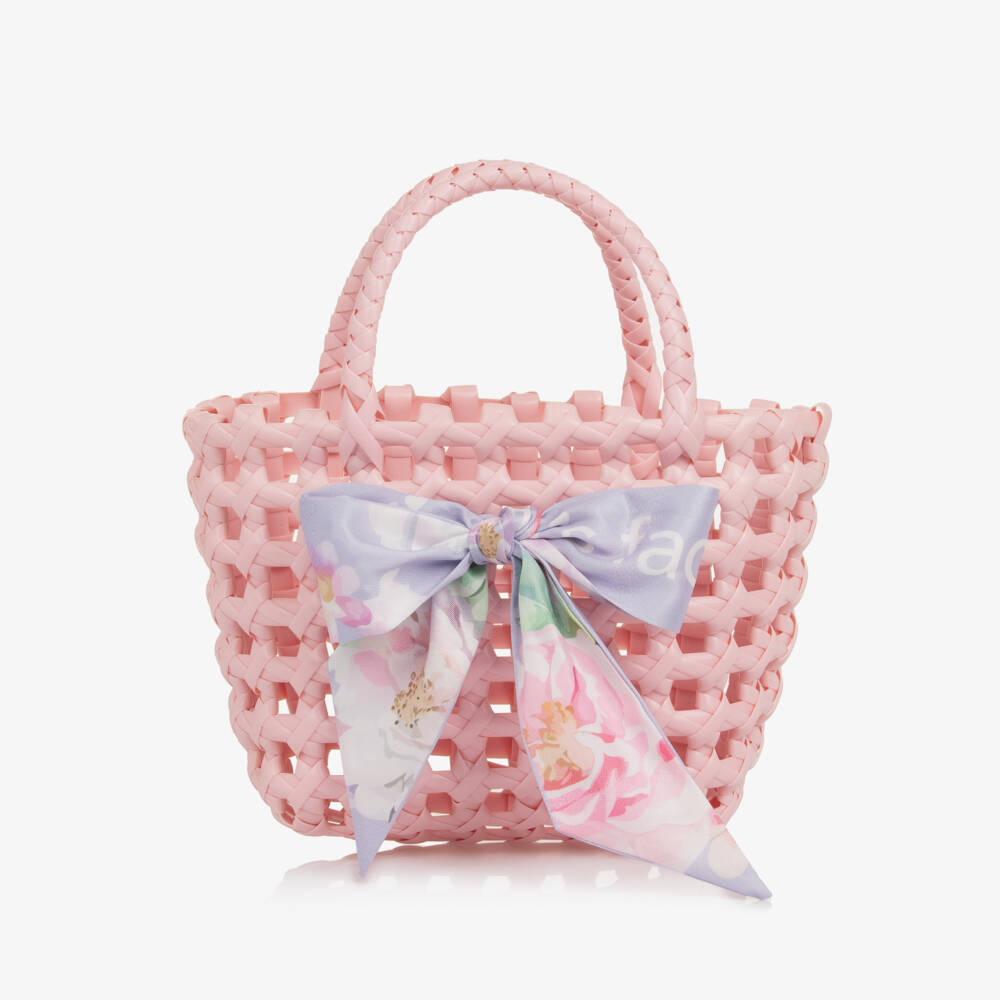 Angel's Face-Girls Pale Pink Basket Bag with Floral Bow (19cm) | Childrensalon