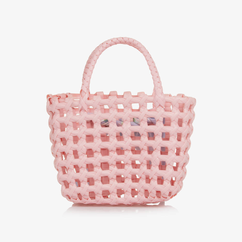 Angel's Face-Girls Pale Pink Basket Bag with Floral Bow (19cm) | Childrensalon
