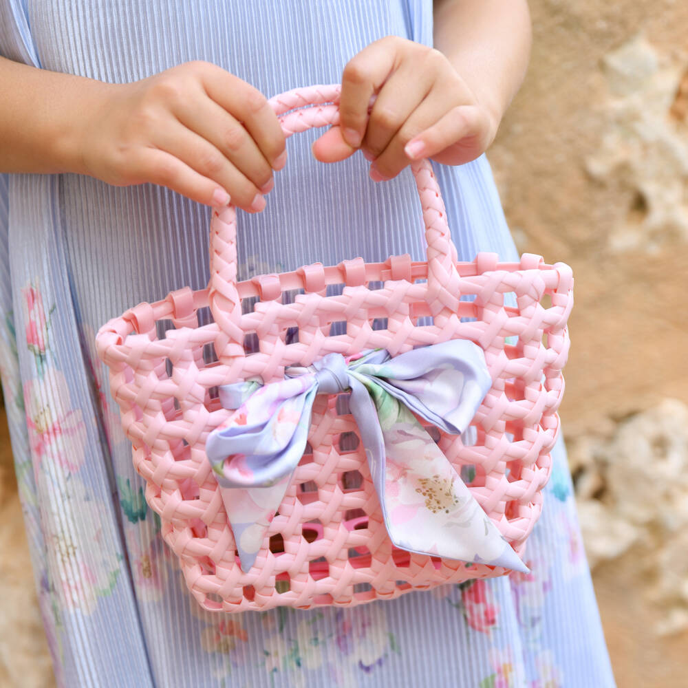 Angel's Face-Girls Pale Pink Basket Bag with Floral Bow (19cm) | Childrensalon