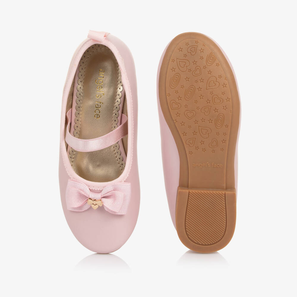 Angel's Face-Girls Pale Pink Faux Leather Ballerina Pumps with Ribbon Ties | Childrensalon