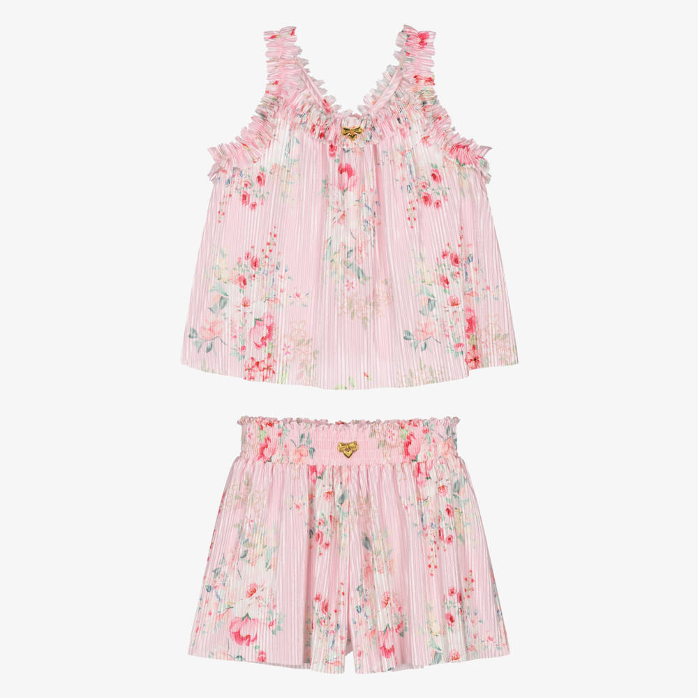 Angel's Face-Girls Pale Pink Floral Satin Pleated Shorts Set | Childrensalon