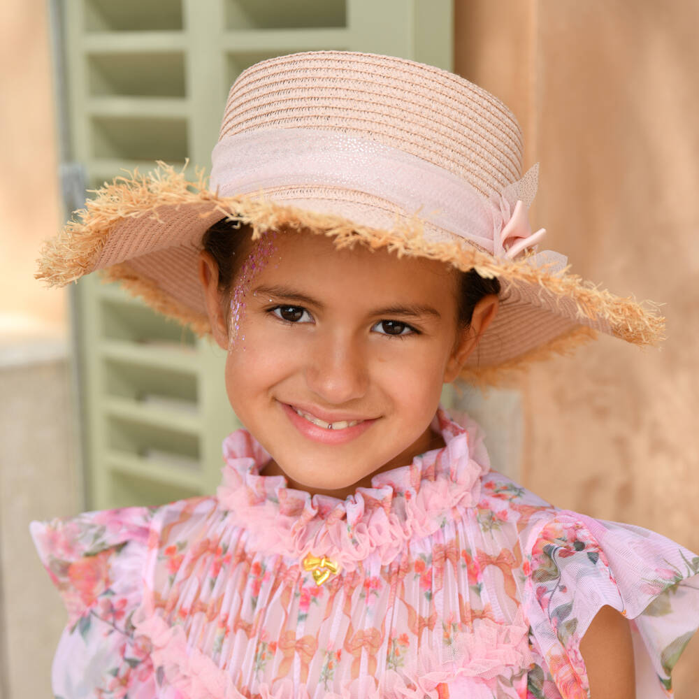 Angel's Face-Girls Pale Pink Straw Hat with Glittery Bow | Childrensalon