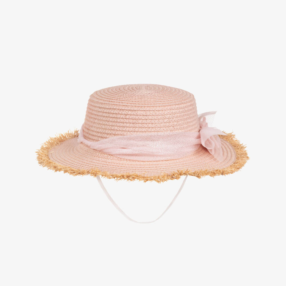 Angel's Face-Girls Pale Pink Straw Hat with Glittery Bow | Childrensalon
