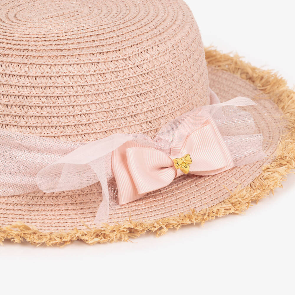 Angel's Face-Girls Pale Pink Straw Hat with Glittery Bow | Childrensalon