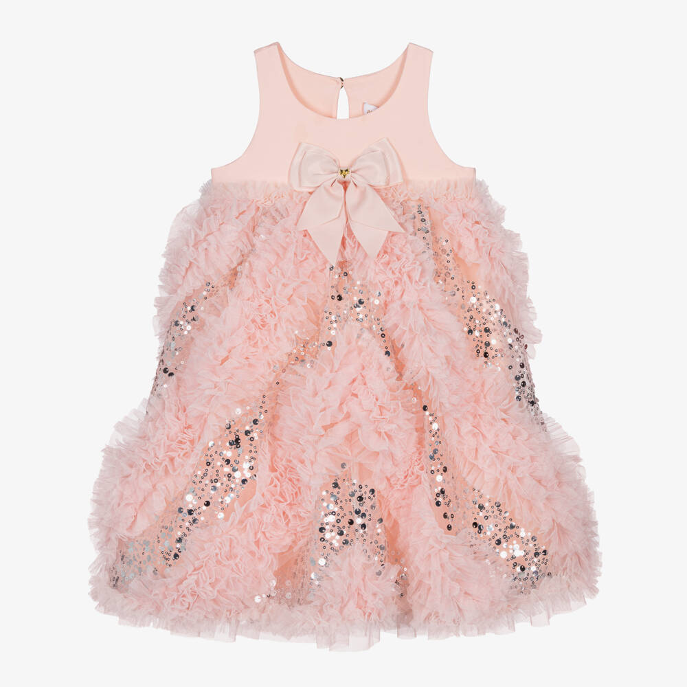 Angel's Face-Girls Peach Pink Cotton Jersey & Sequinned Tulle Dress | Childrensalon