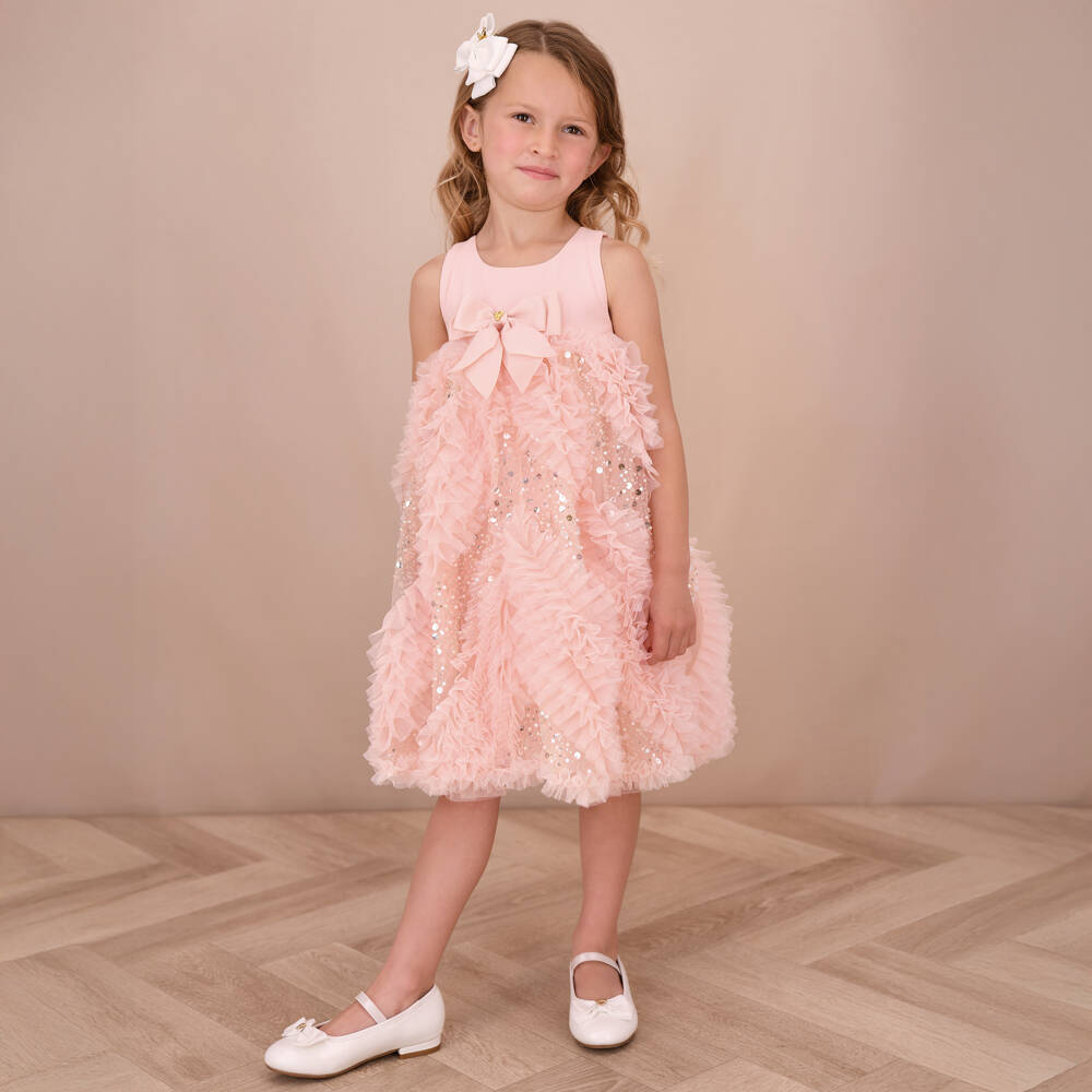 Angel's Face-Girls Peach Pink Cotton Jersey & Sequinned Tulle Dress | Childrensalon