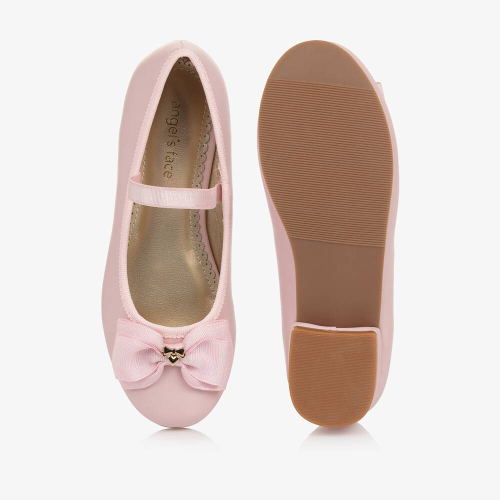 Angel's Face-Girls Pearlescent Pink Faux Leather Ballerinas with Logo Bow | Childrensalon