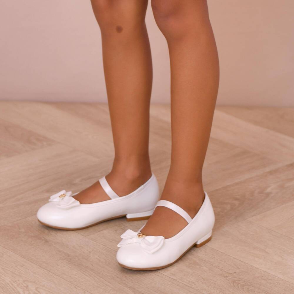 Angel's Face-Girls Pearlescent White Faux Leather Ballerinas with Logo Bow | Childrensalon