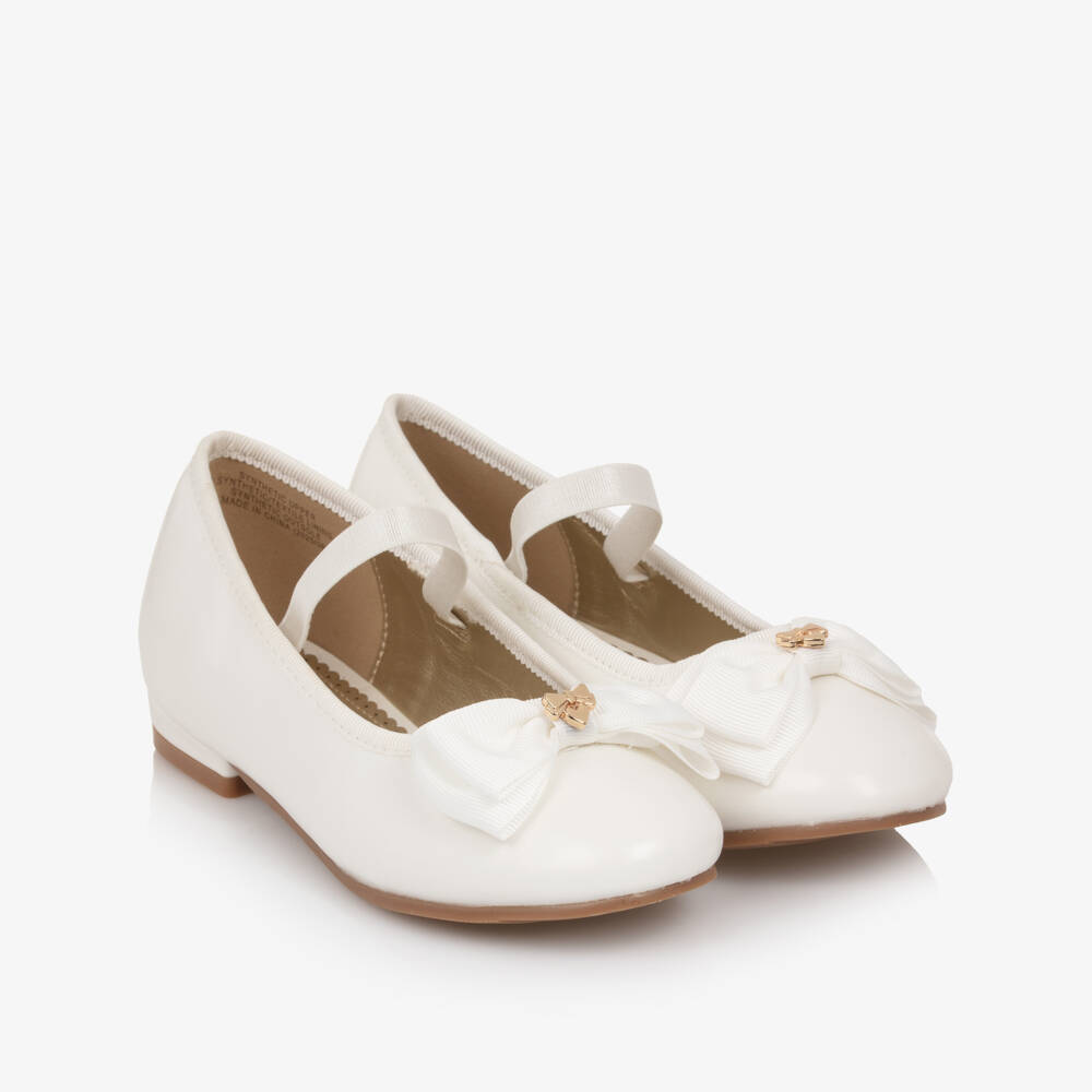 Angel's Face-Girls Pearlescent White Faux Leather Ballerinas with Logo Bow | Childrensalon