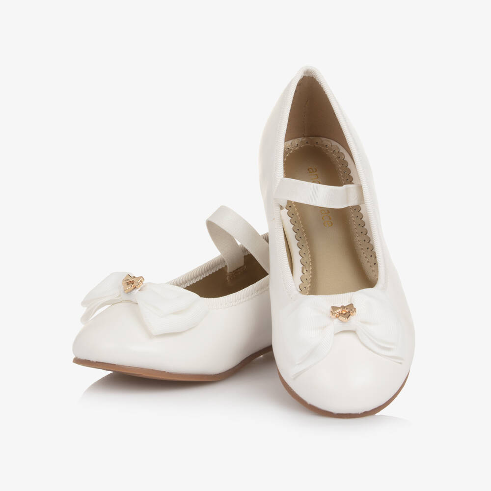 Angel's Face-Girls Pearlescent White Faux Leather Ballerinas with Logo Bow | Childrensalon