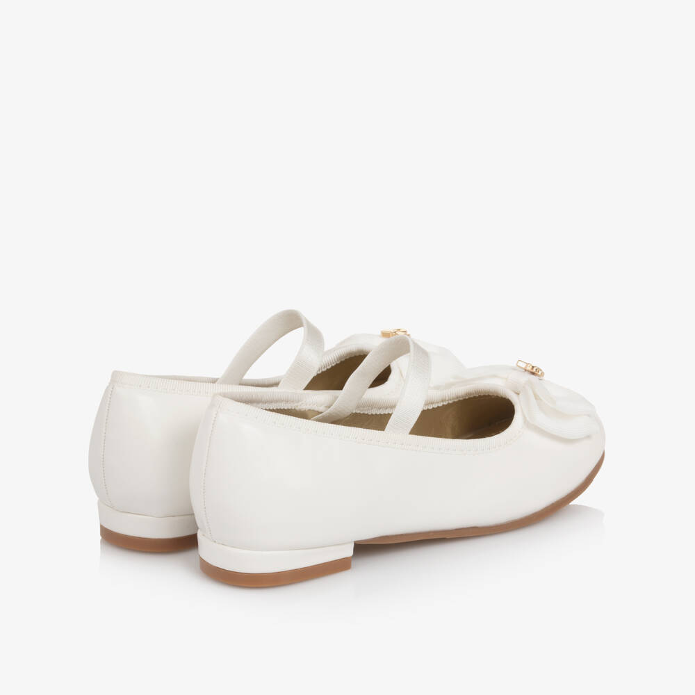 Angel's Face-Girls Pearlescent White Faux Leather Ballerinas with Logo Bow | Childrensalon