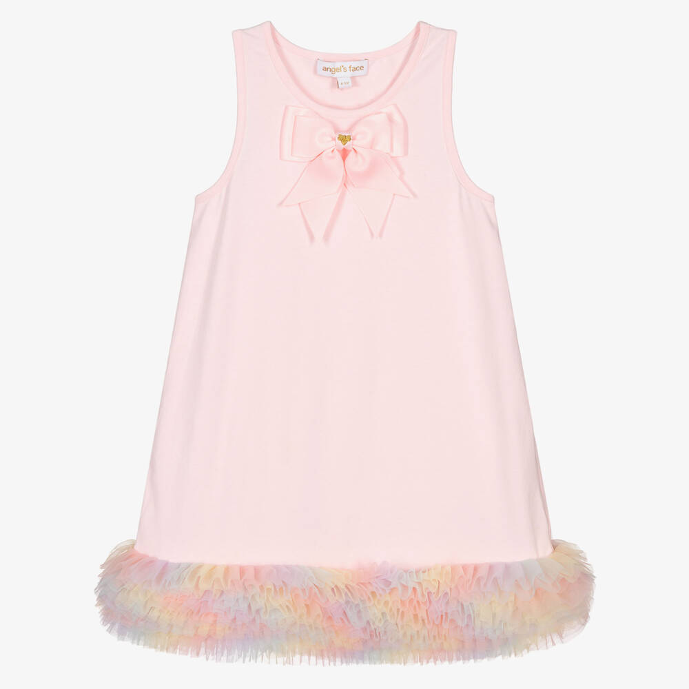 Angel's Face-Girls Pink Cotton Jersey Dress with Rainbow Tulle Hem | Childrensalon
