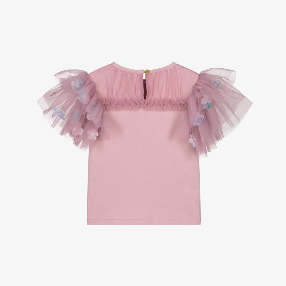 Angel's Face-تيشيرت قطن وتول مزين بالورود لون زهري للبنات | Childrensalon