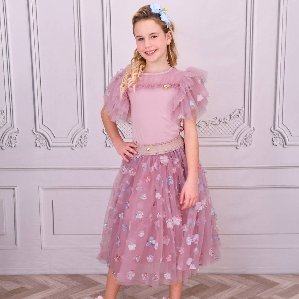 Angel's Face-تيشيرت قطن وتول مزين بالورود لون زهري للبنات | Childrensalon