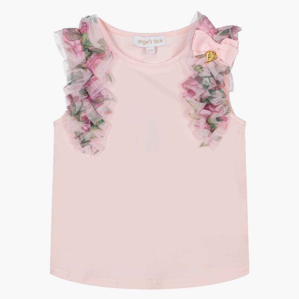 Angel's Face-Майка розовая из хлопкового трикотажа с тюлевыми оборками для девочек | Childrensalon