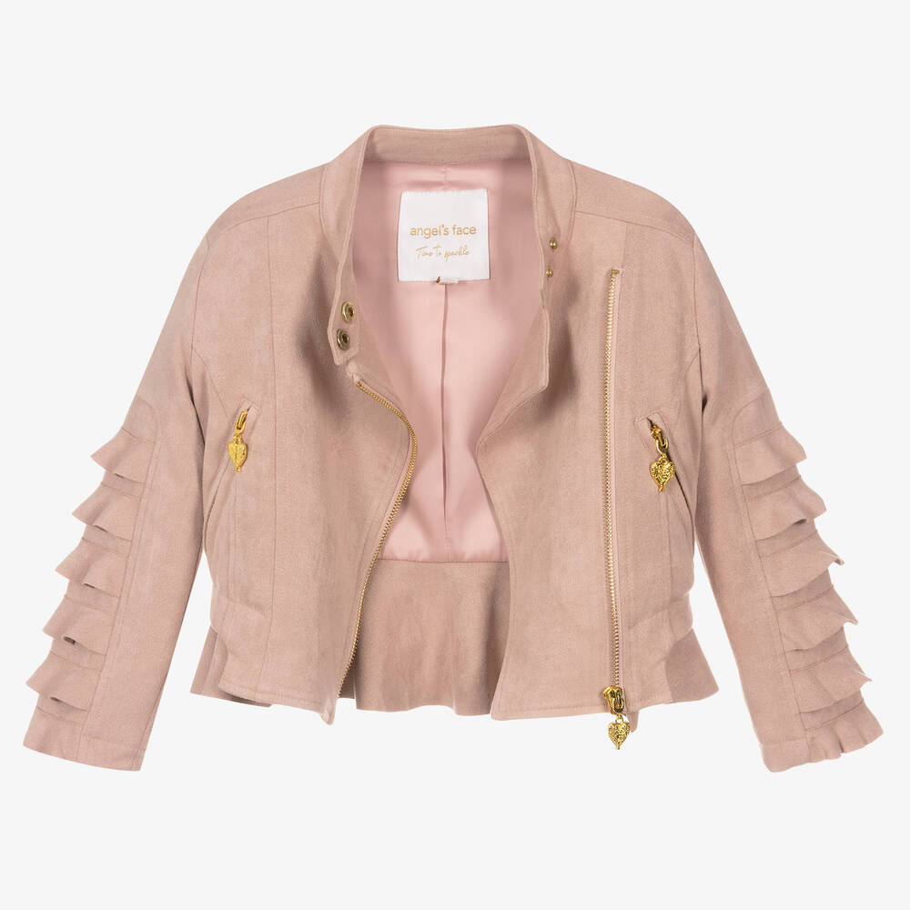 Angel's Face-جاكيت بايكر شامواه صناعي لون زهري للبنات | Childrensalon