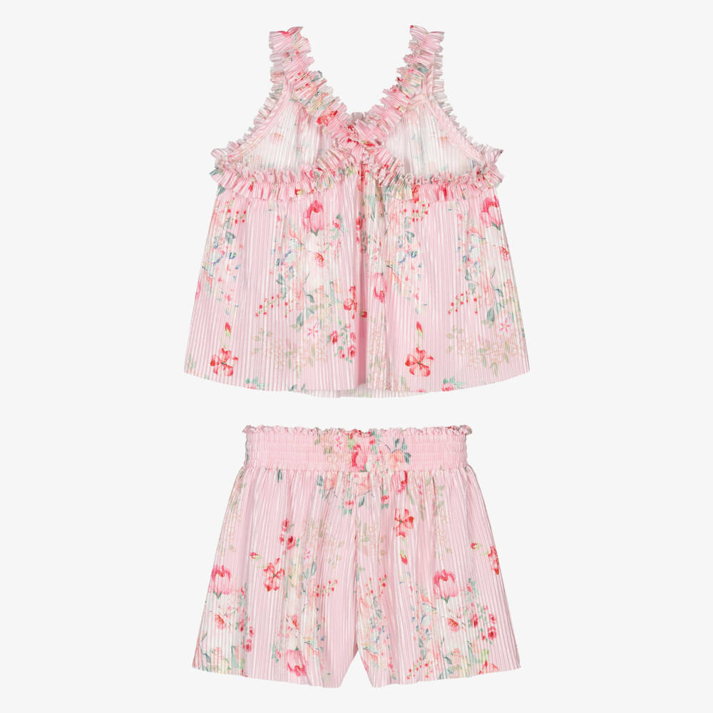 Angel's Face-Girls Pink Floral Satin Plissé Shorts Set | Childrensalon