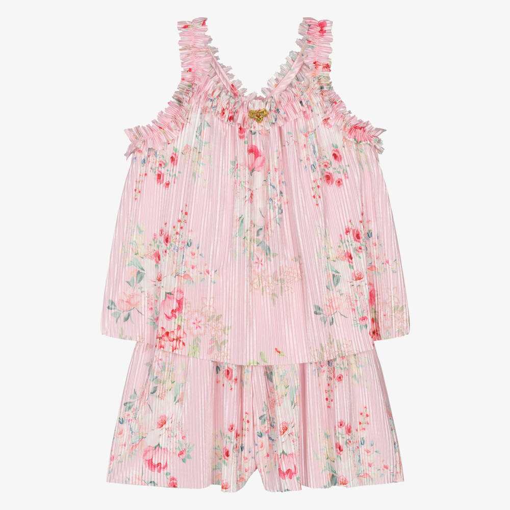 Angel's Face-Girls Pink Floral Satin Plissé Shorts Set | Childrensalon