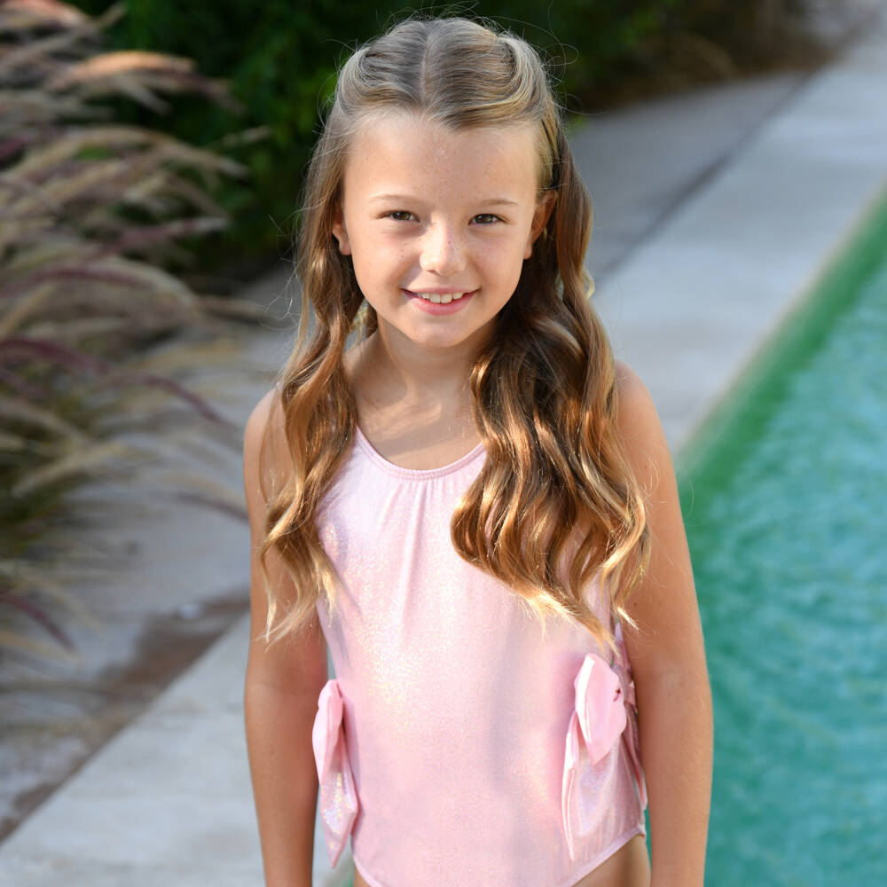 Angel's Face-Girls Pink Iridescent Shimmer Swimsuit with Bows | Childrensalon