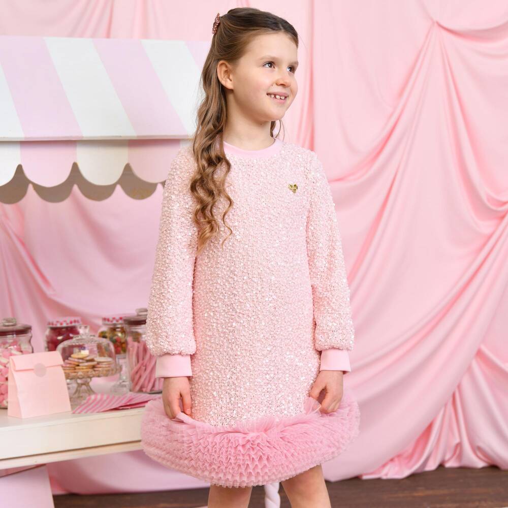 Angel's Face-Girls Pink Jeanette Dress with Sequins & Tulle Ruffles | Childrensalon