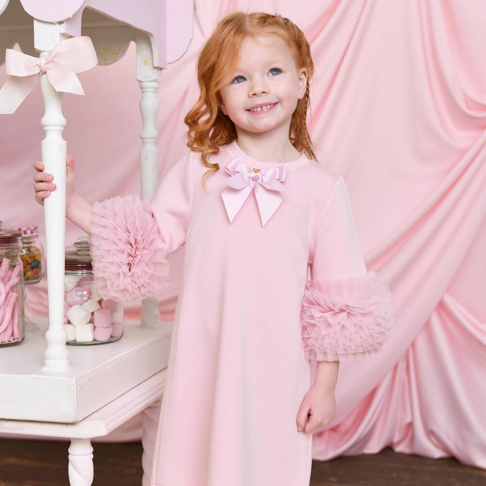 Angel's Face-Girls Pink Jersey Meryl Dress with Tulle Ruffle Sleeves | Childrensalon