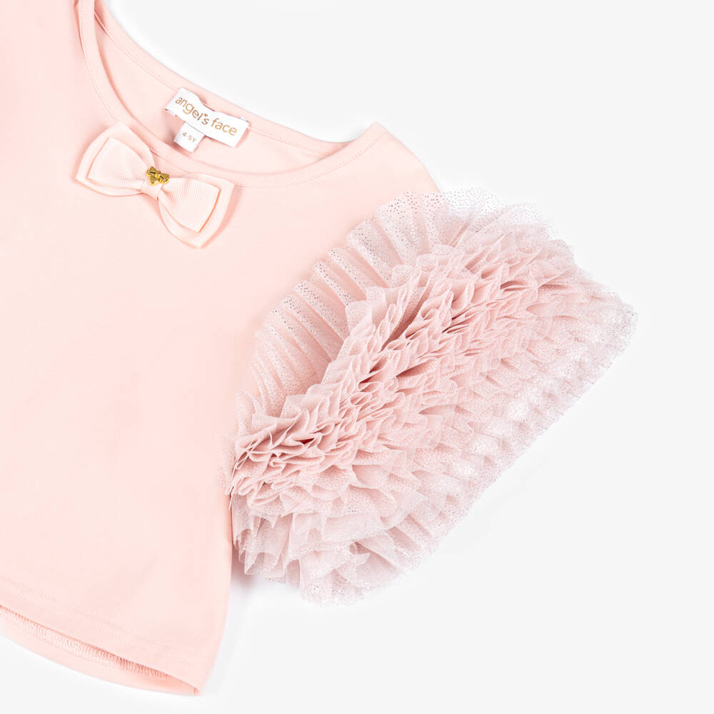 Angel's Face-Girls Pink Jersey T-Shirt with Sparkly Tulle Sleeves | Childrensalon