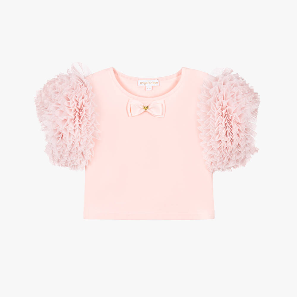 Angel's Face-Girls Pink Jersey T-Shirt with Sparkly Tulle Sleeves | Childrensalon