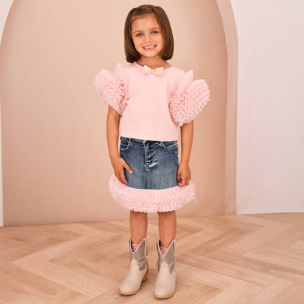 Angel's Face-Girls Pink Jersey T-Shirt with Sparkly Tulle Sleeves | Childrensalon