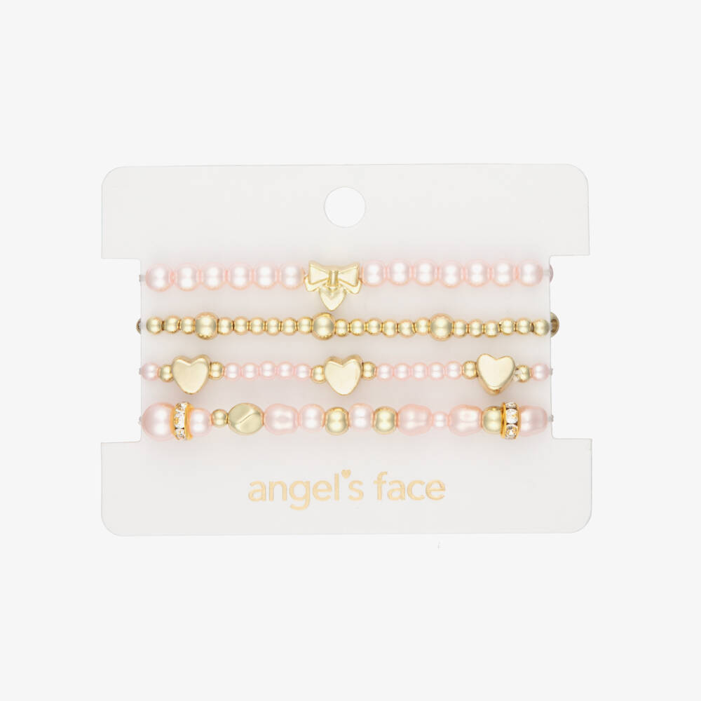 Angel's Face-Girls Pink Pearl & Gold Heart Bracelets (4 Pack) | Childrensalon