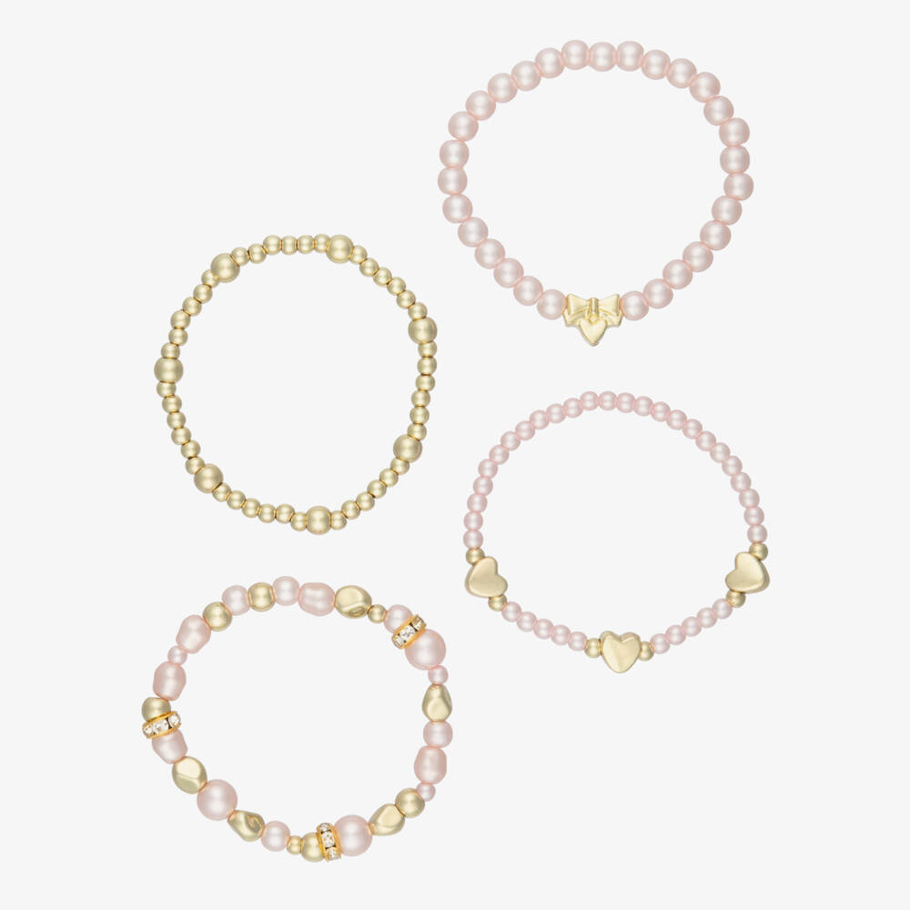 Angel's Face-Girls Pink Pearl & Gold Heart Bracelets (4 Pack) | Childrensalon