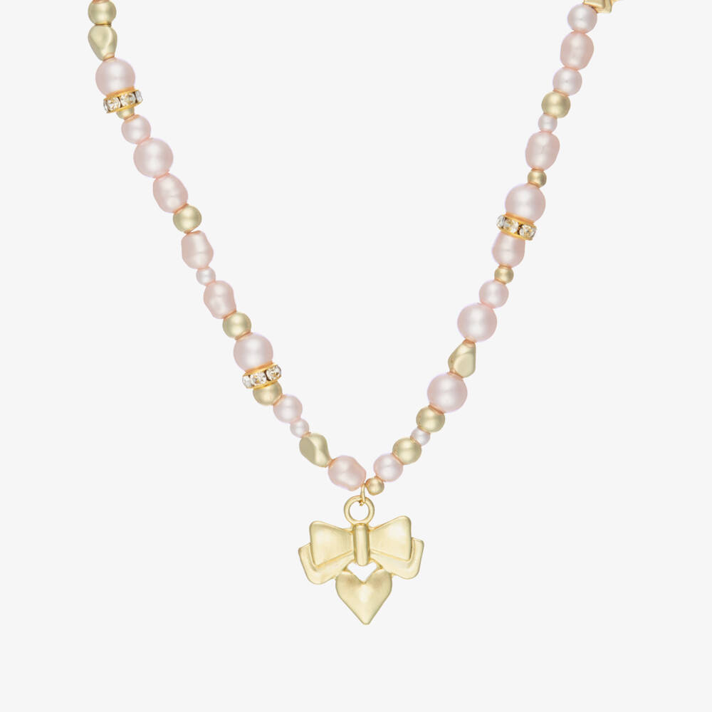 Angel's Face-عقد مزين بفيونكة ولؤلؤ صناعي لون ذهبي وزهري للبنات (46 سم) | Childrensalon