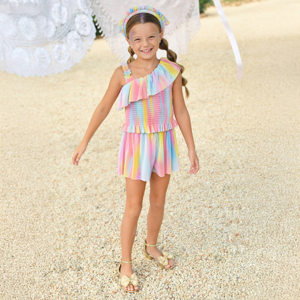 Angel's Face-Girls Pink Rainbow Plissé Shorts Set | Childrensalon
