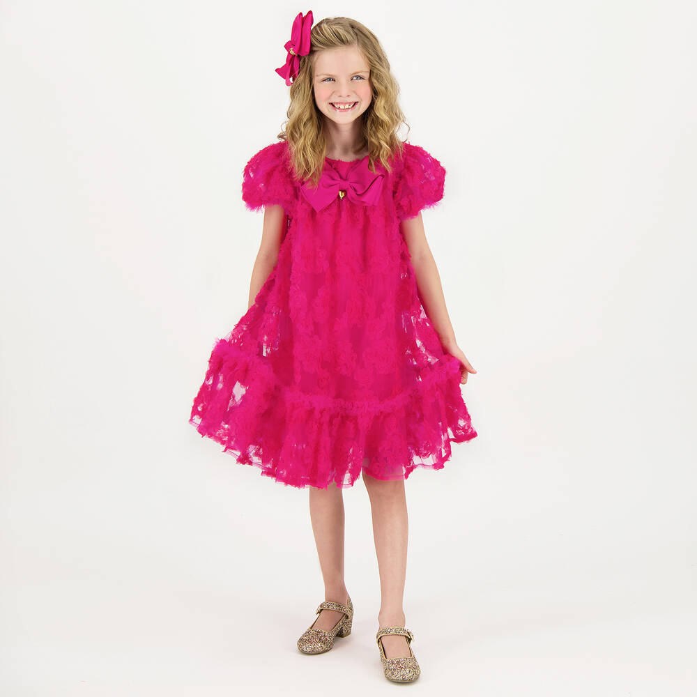 Angel's Face-فستان تول مزين بورود لون زهري فوشيا | Childrensalon