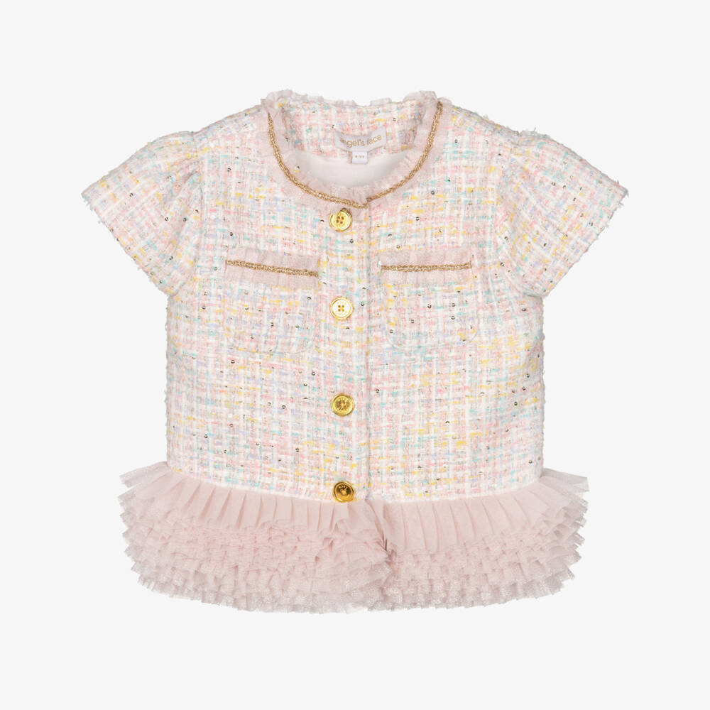 Angel's Face-Girls Pink Tweed Jacket with Tulle Ruffle Trim | Childrensalon