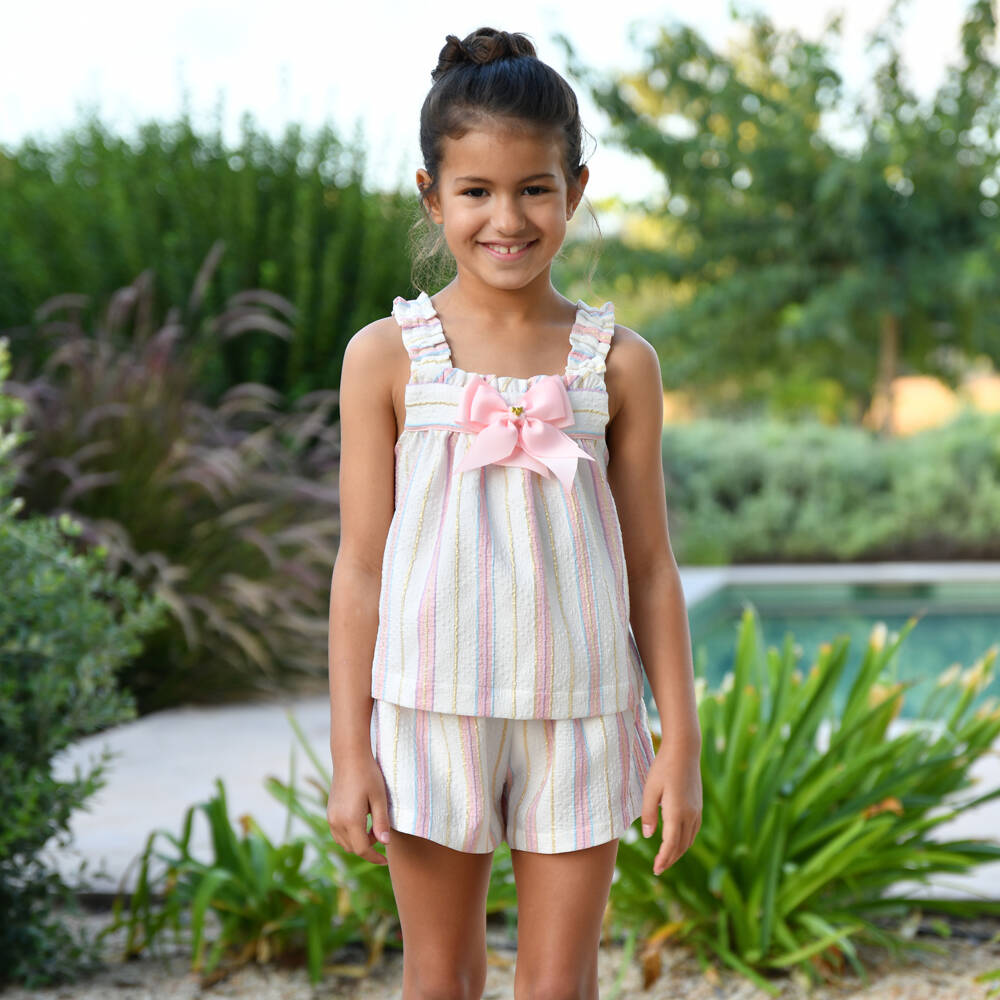 Angel's Face-Girls Pink & White Stripe Crinkle Shorts Set | Childrensalon