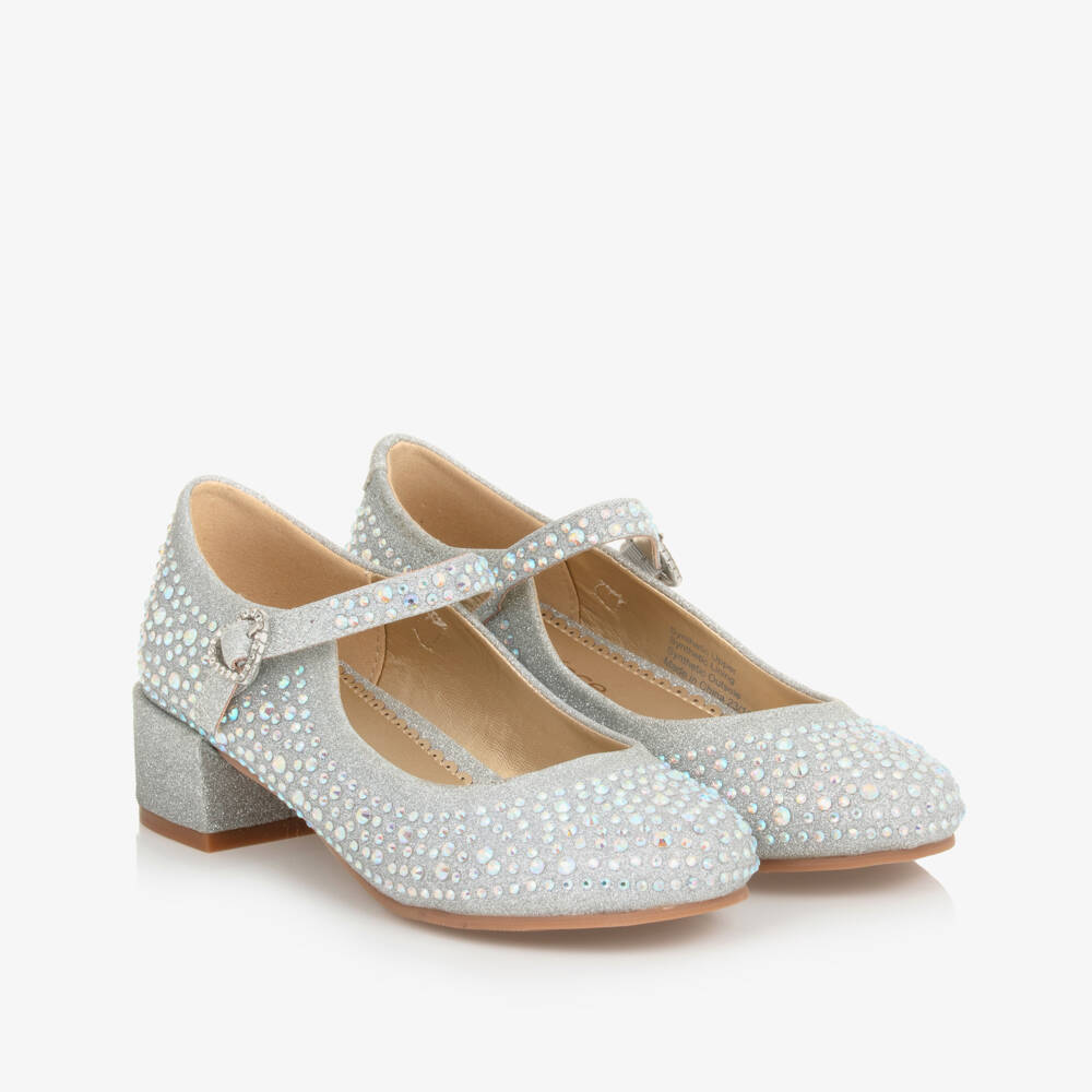 Angel's Face-حذاء بسيّر وكعب لون فضّي برّاق مزين بديامنتي | Childrensalon