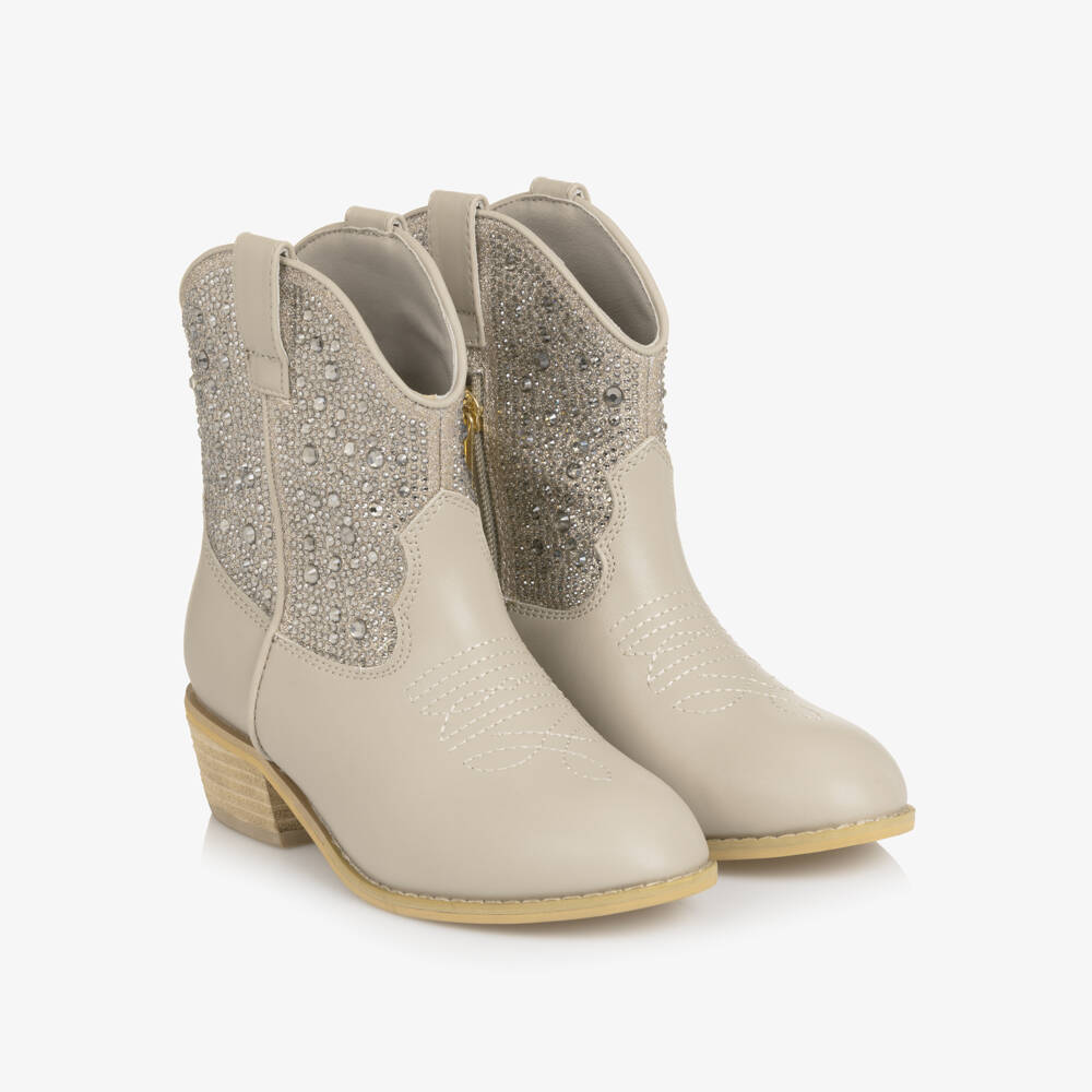 Angel's Face-Girls Taupe Faux Leather & Crystal Cowboy Boots | Childrensalon