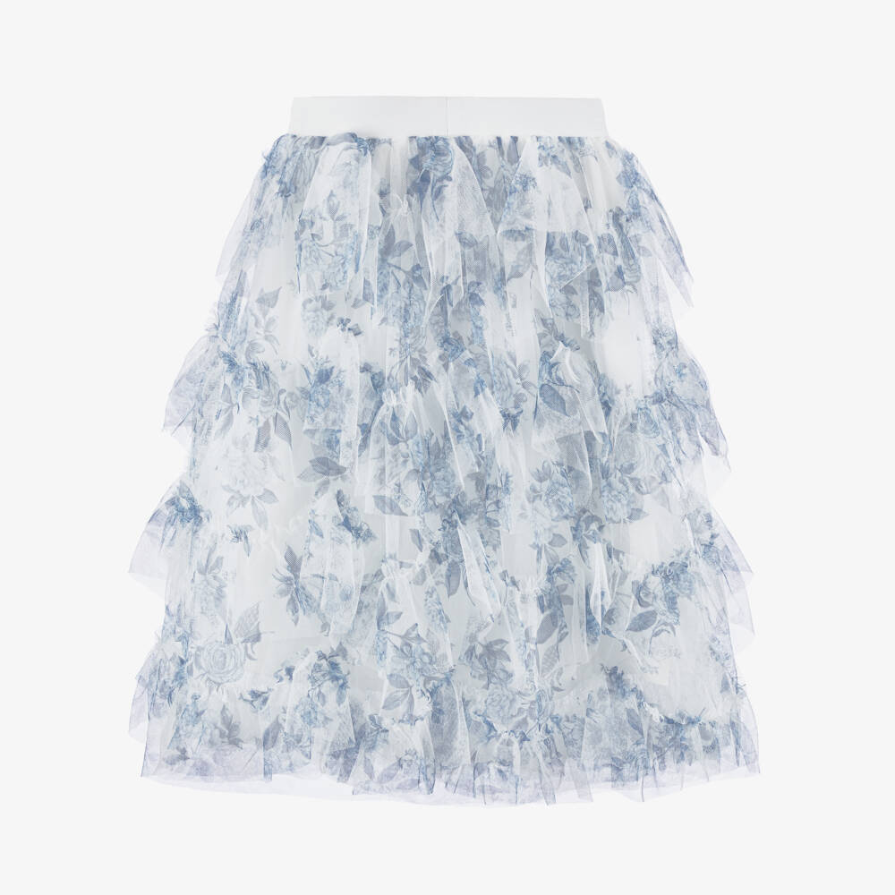 Angel's Face-Girls White & Blue Floral Tiered Tulle Midi Skirt | Childrensalon