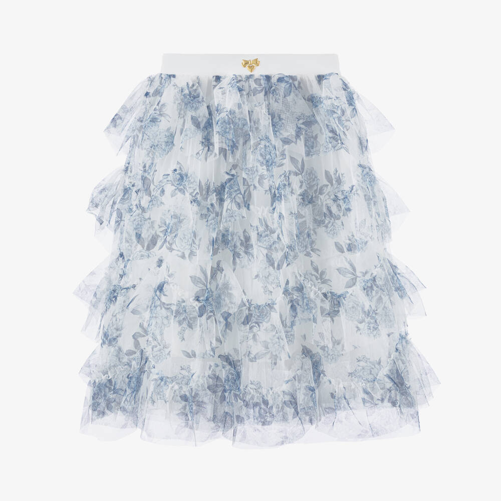 Angel's Face-Girls White & Blue Floral Tiered Tulle Midi Skirt | Childrensalon