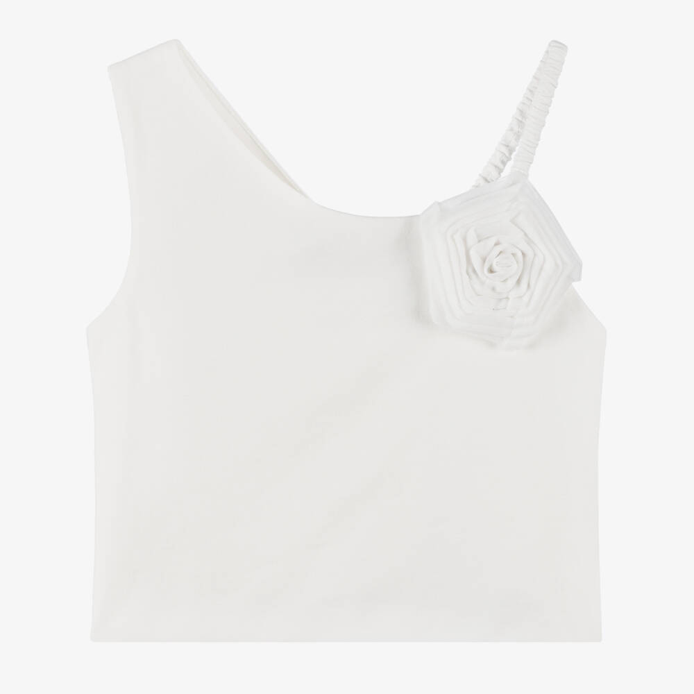 Angel's Face-Girls White Cotton Asymmetrical Top with Rose Appliqué | Childrensalon
