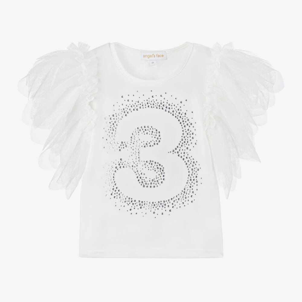 Angel's Face-Girls White Cotton Birthday Age T-Shirt with Diamantés | Childrensalon