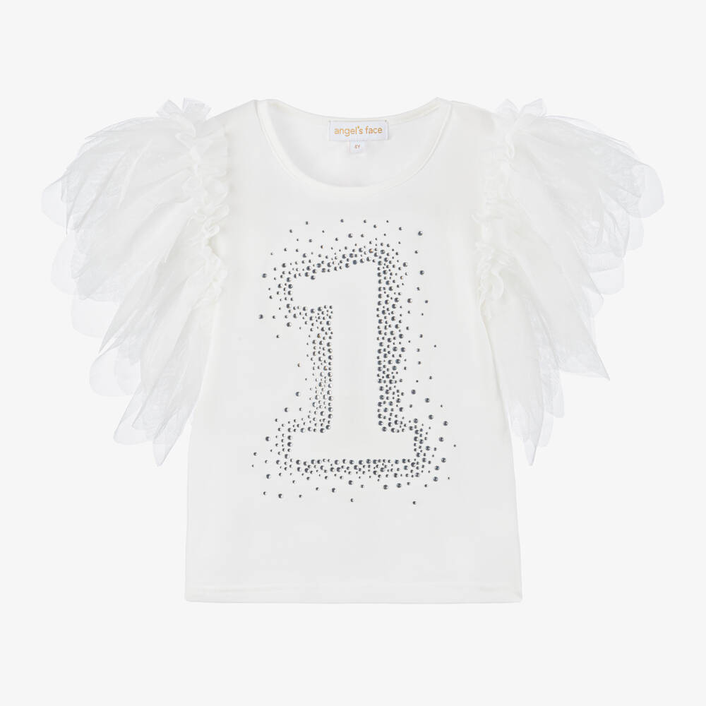 Angel's Face-Girls White Cotton Birthday Age T-Shirt with Diamantés | Childrensalon